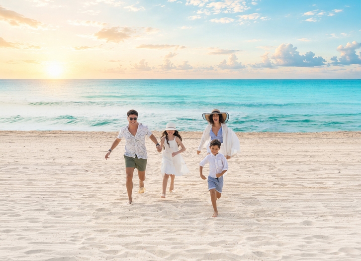 Family running on the white sand beach at sunrise at Grand Oasis Cancun